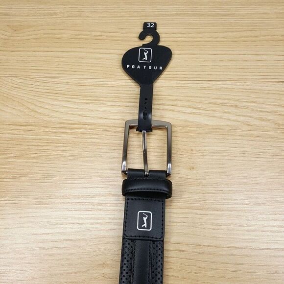 PGA TOUR Mens Belt Size 32 Black Leather Center Stripe Dress Casual Golf - Picture 4 of 6